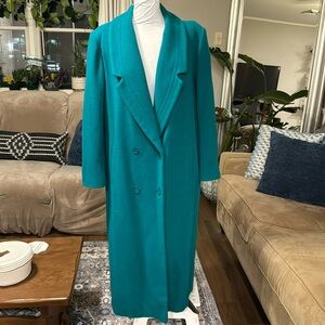 Vintage Long Teal ‘wool’ style coat- double breasted size 16
